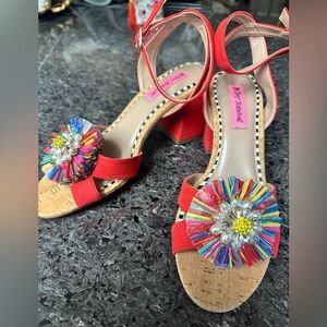 Betsey Johnson pink multicolor heel ankle strap heels rhinestone brooch